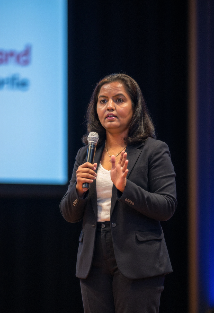 Sudha Mani - AI Speaker & Digital Transformation Strategist Sudha Mani delivering a keynote on AI and digital transformation to a business audience