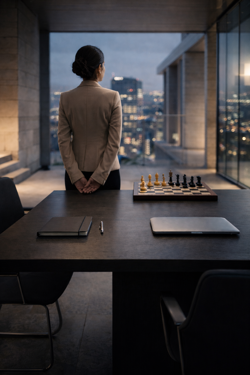 A calm executive workspace with a chessboard on the table and a woman looking out over a city at dusk, representing clear, considered decision-making in complex AI and business environments.