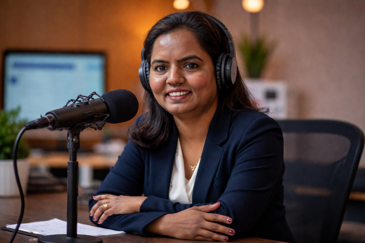Sudha Mani in a focused conversation setting, supporting business owners with AI and digital decision-making.